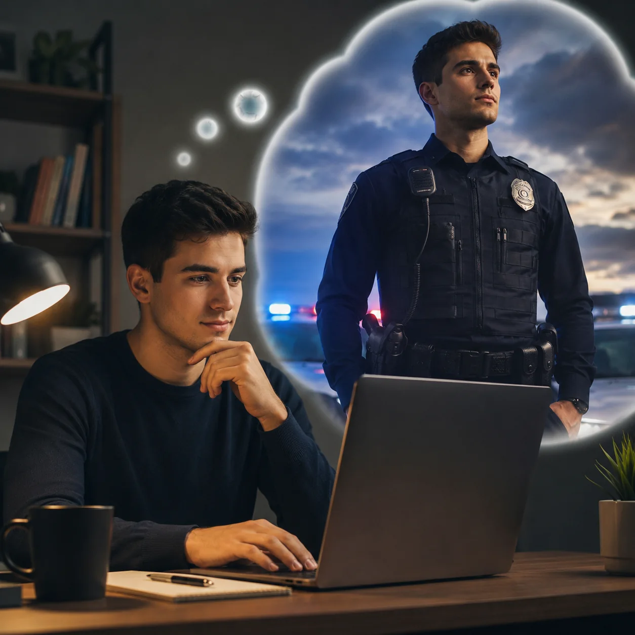 Joven estudiando en laptop e imaginando su futuro como oficial de policía
